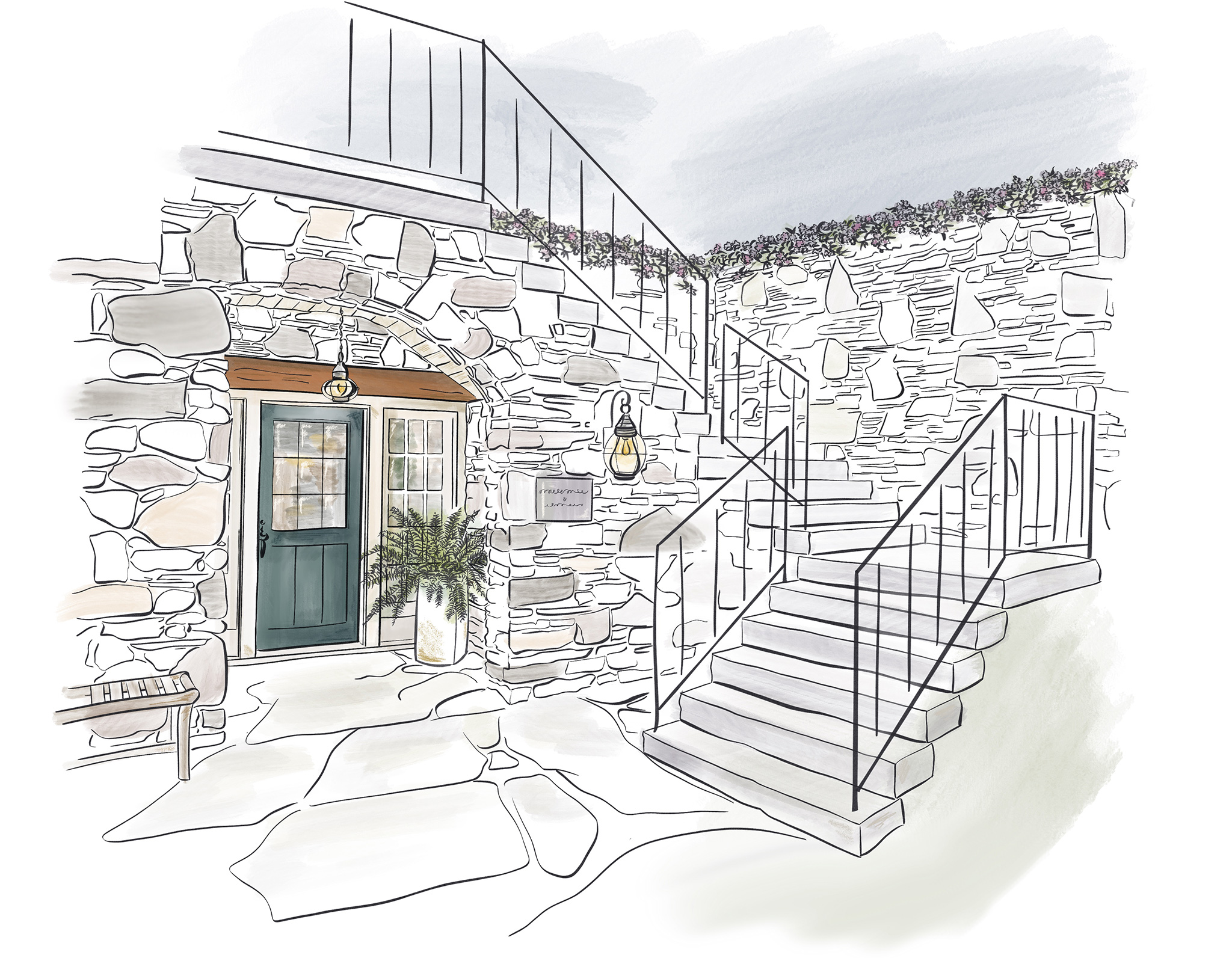 Colored sketch of stairs of a stone house