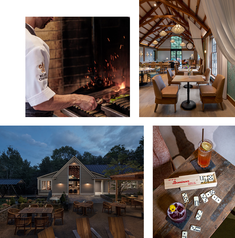 collage of images of Twiggs with chef working on grill in the first, interior of twiggs in second, exterior of twiggs in third and wooden table with dominoes pieces on it in the fourth