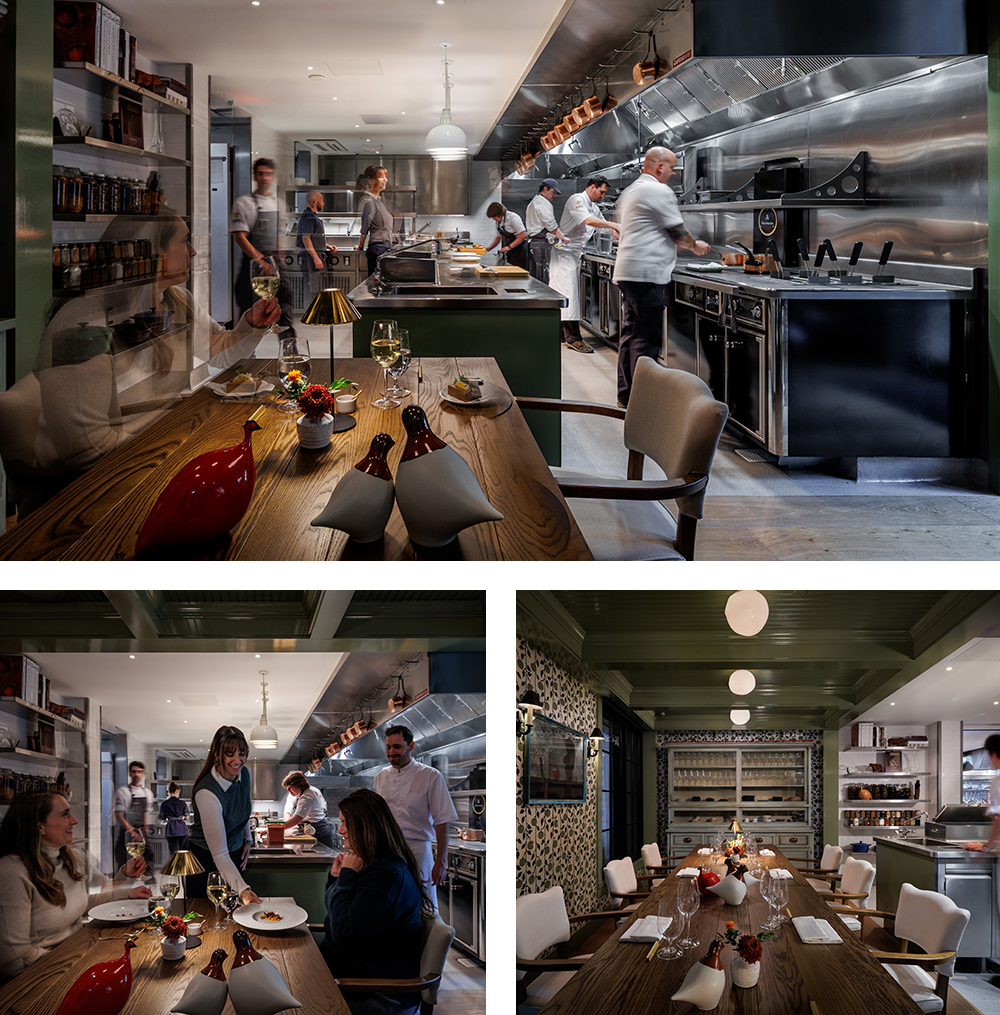 collage of images of Twiggs with chef working on grill in the first, interior of twiggs in second, exterior of twiggs in third and wooden table with dominoes pieces on it in the fourth