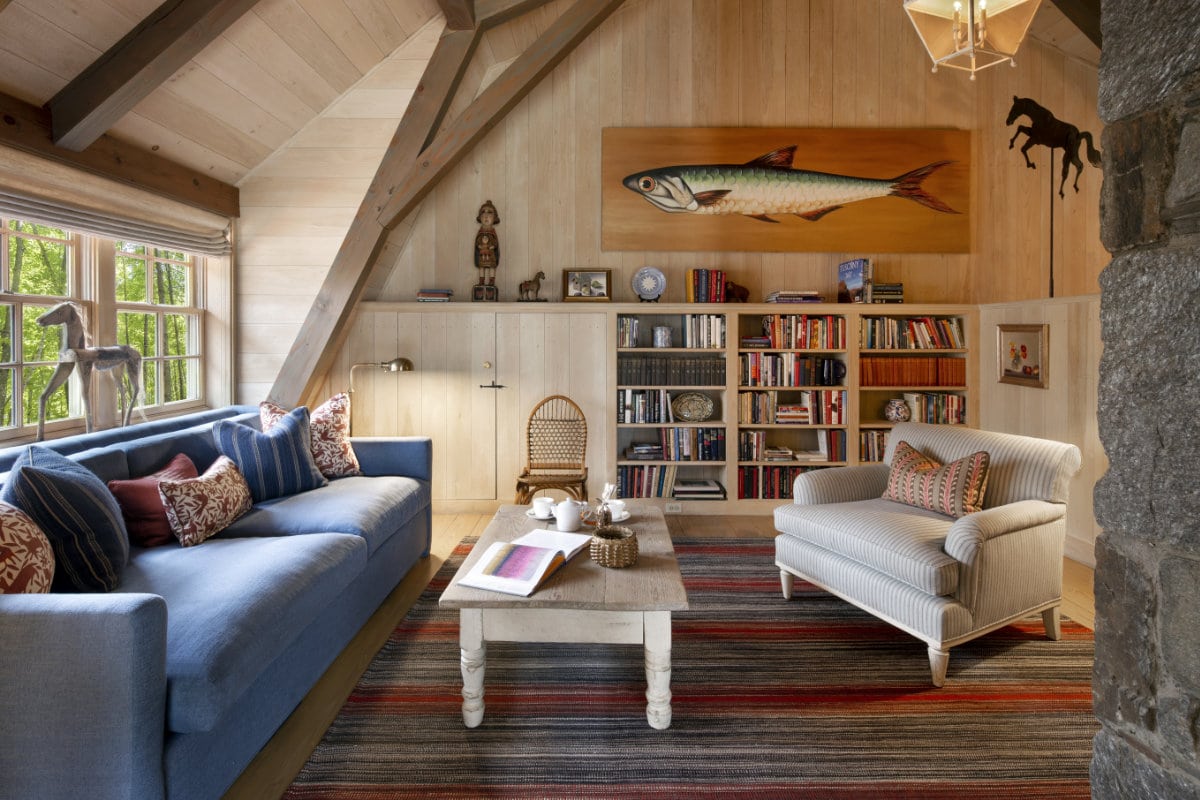 barn room sitting area with books