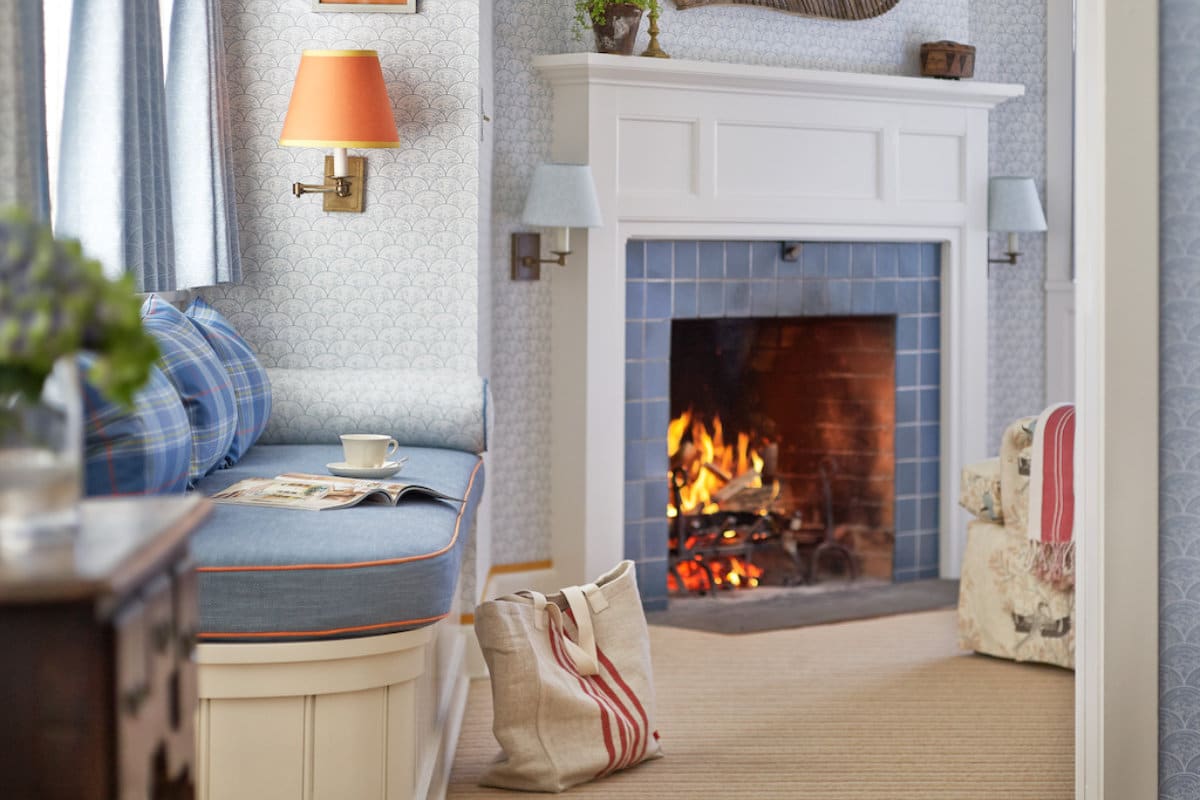 interior of hillside room with fireplace