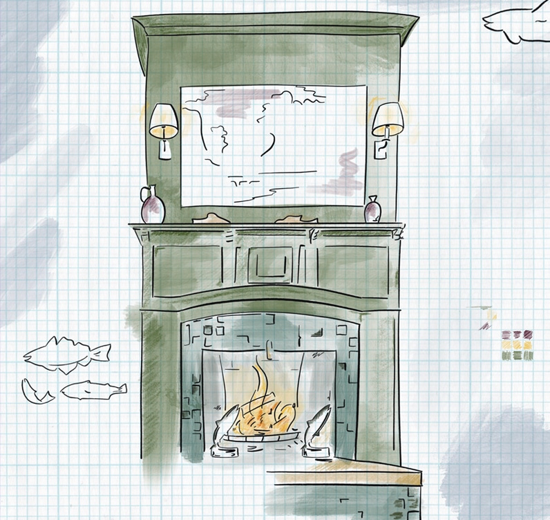sketch of fireplace with color