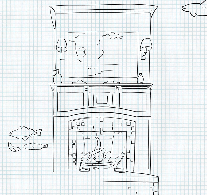 sketch of fireplace without color