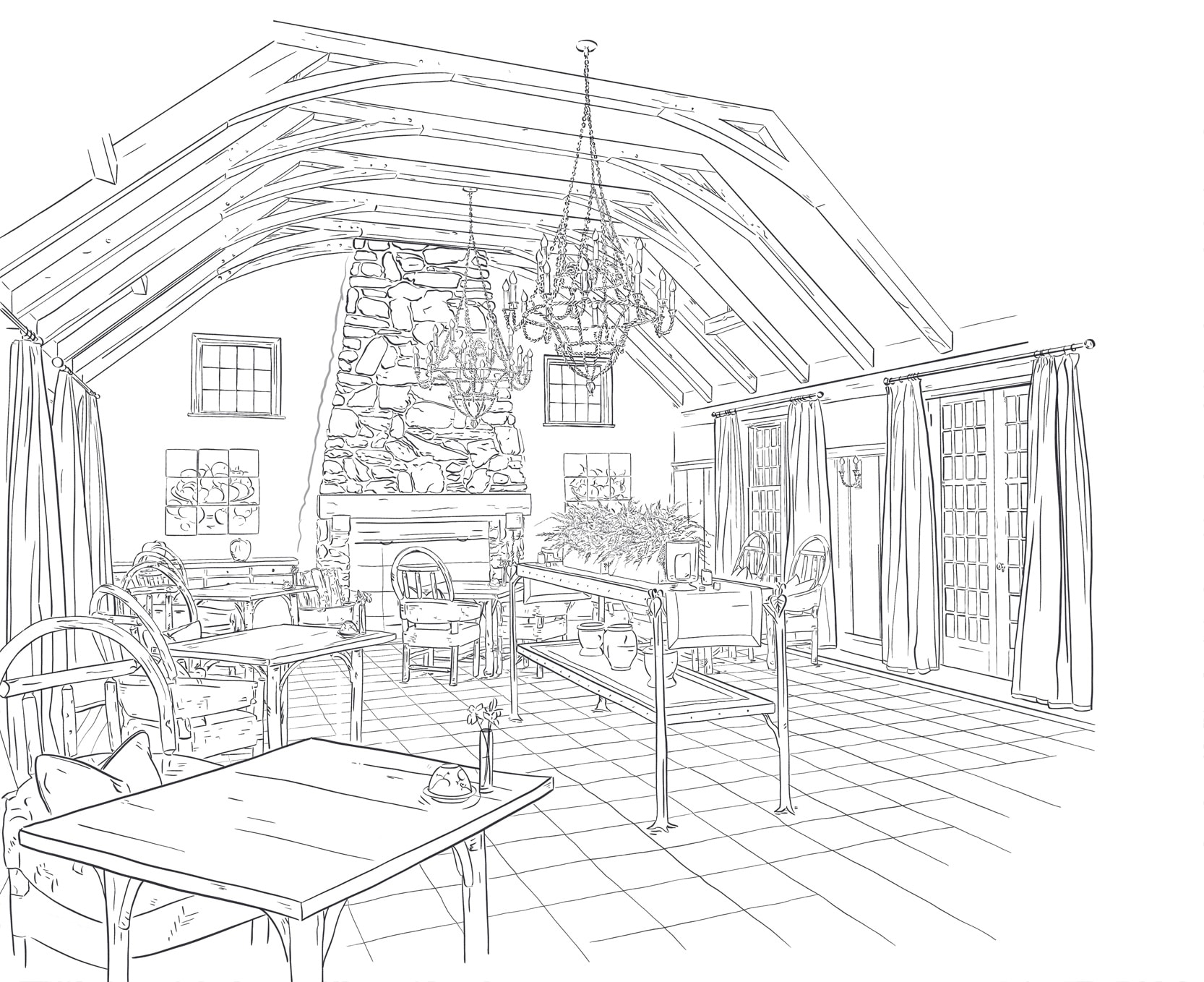 sketch of the inside of a wooden cottage with a fireplace and wooden furniture