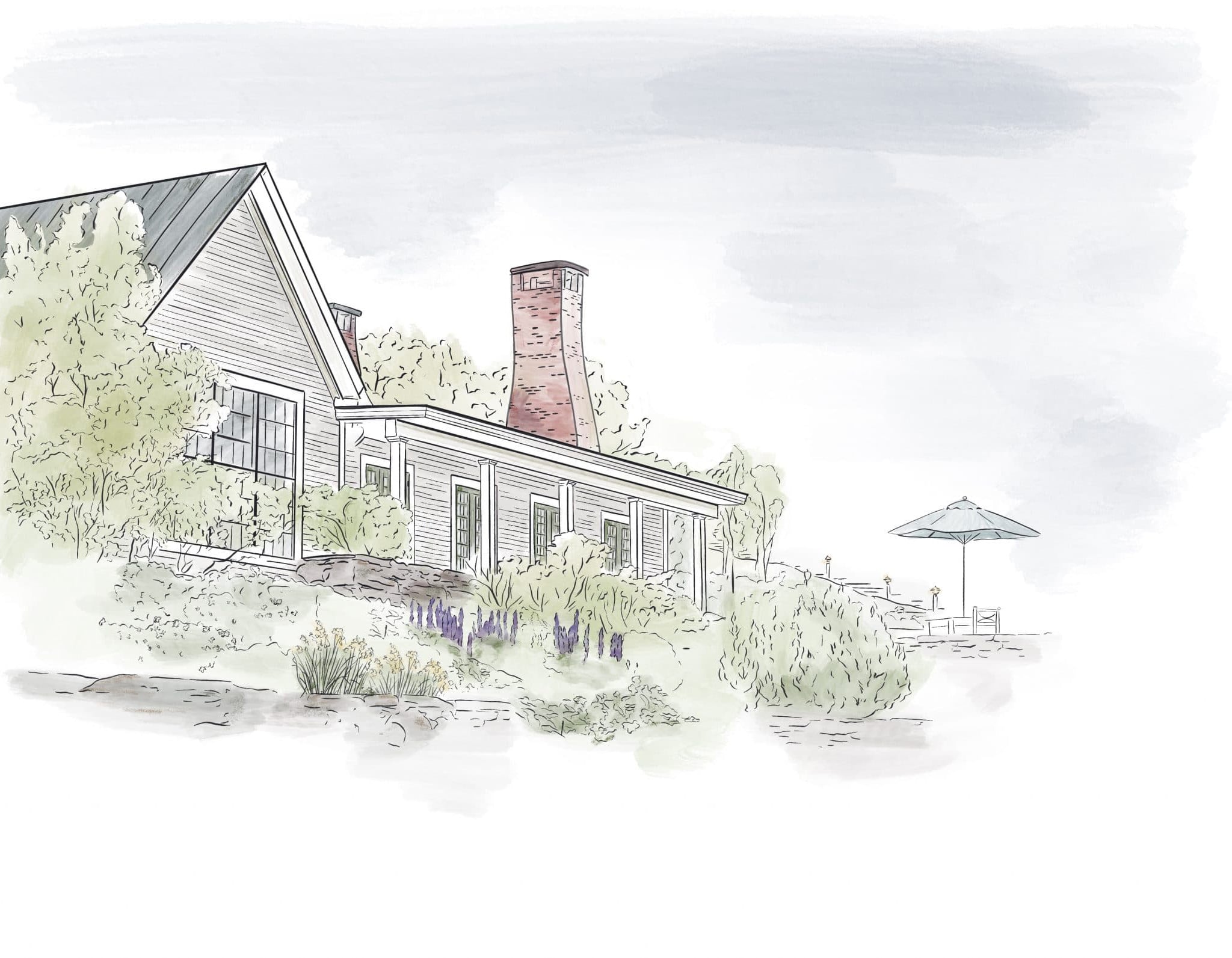 Colored sketch of the exterior of a cottage