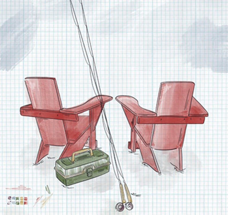 sketch of two fishing seats, a fish line and a fishing box