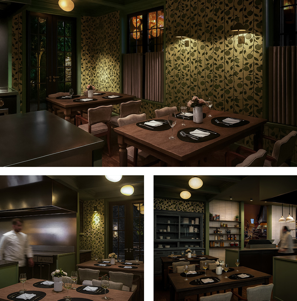 collage of images of Twiggs with chef working on grill in the first, interior of twiggs in second, exterior of twiggs in third and wooden table with dominoes pieces on it in the fourth